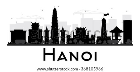 Hanoi City skyline black and white silhouette. Vector illustration. Simple flat concept for tourism presentation, banner, placard or web site. Business travel concept. Cityscape with famous landmarks