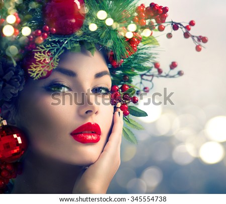 Christmas Makeup Winter Fashion Woman Beautiful Stock 