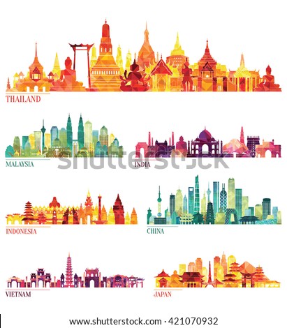 Skyline detailed silhouette set (Thailand, Malaysia, India, Indonesia, China, Vietnam, Japan ). Vector illustration
