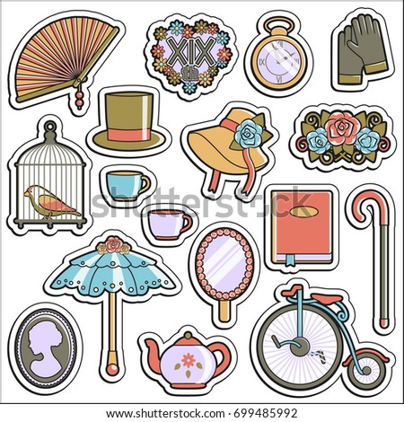 A collection of vintage victorian era stickers. Flat illustrations of personal accessories, everyday use items and innovations that symbolize 19th century culture.