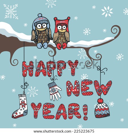 New Year Cardcute Cartoon Owl Couple Stock Vector 225223675 - Shutterstock