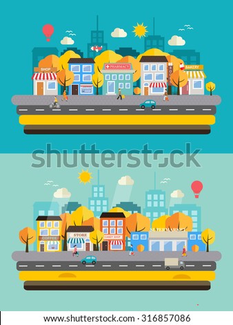 Autumn city landscapes set with buildings, shop and stores, people, transport, vector illustration. Yellow and orange trees in autumn park, Flat style background with beautiful autumn town