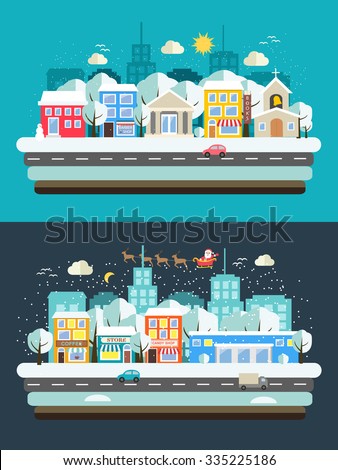 Winter landscape with wintertime city, buildings, falling snow and flying sleigh with reindeer and Santa, vector illustration