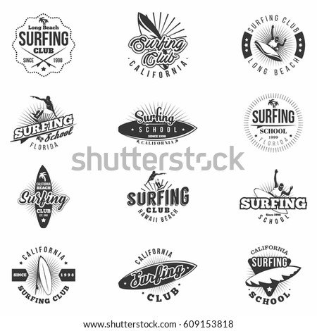 Surfing Monochrome Badges Set Emblems Design Stock Vector 609153818 ...