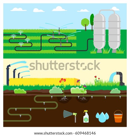 Irrigation Systems infographic banners set with Sprinklers Watering, Lawn irrigation and more. Vector.