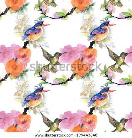 Drawing Beautiful Bright Birds Flowers Seamless Stock Vector 199443848 ...