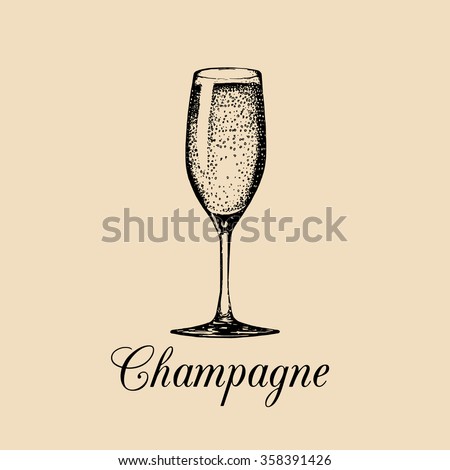 Champagne glass isolated. Vector hand drawn sketch of spumante. Alcoholic drink logo. A white sparkling wine sign for restaurant, bar, cafe menu design.