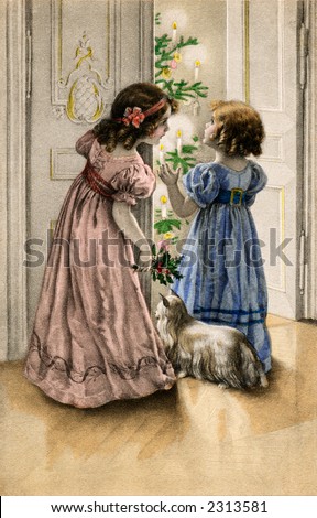 Two little girls and their dog open the door to find the Christmas decorated and aglow - a circa 1890 vintage illustration