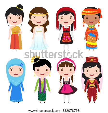 Traditional Costumes Clothing World Cartoon Girls Stock Vector ...