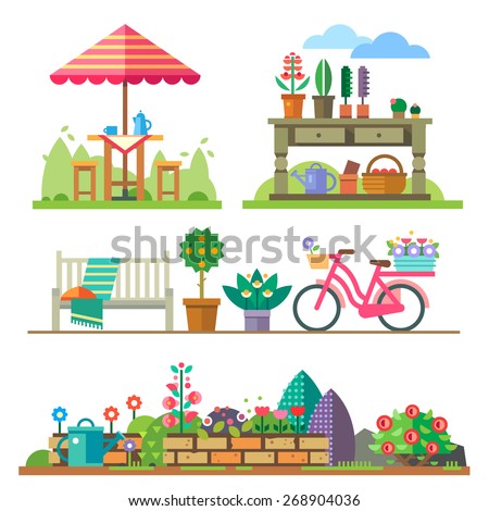 Garden landscapes, summer and spring: picnic, bike, watering can, flower bed. Vector flat illustrations