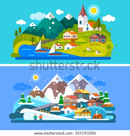 Nice Alps landscapes. Mountain and Lake views: chapel, boats on a lake, cows roaming on the alpine meadows, snow mountains, snowboarding people, alpine village, Stock vector illustration flat set.