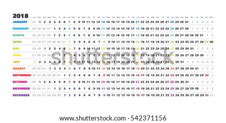 Linear 2018 calendar - english language, day schedule, vector editable template