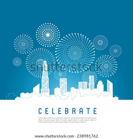 Cityscape with celebration fireworks background. Vector illustration