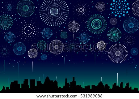 Vector illustration of a festive fireworks display over the city at night scene for holiday and celebration background design.