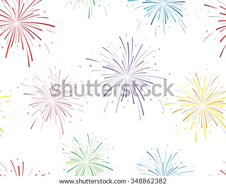Vector illustration of fireworks on white background. Seamless pattern.