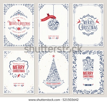 Ornate vertical winter holidays greeting cards with New Year tree, gift box, Christmas ornaments and typographic design.Vector illustration.