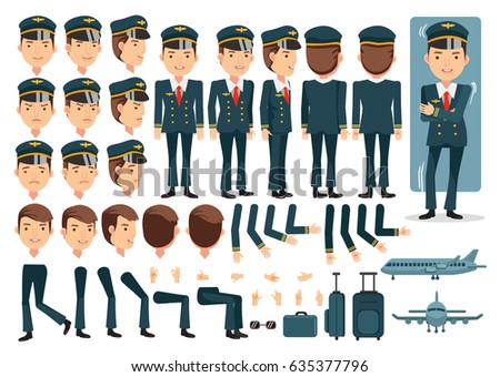 Pilot character creation set.Icons with different types of faces and hair style, emotions,front,rear,side view of male person.Moving arms,legs.Vector illustration Isolated on white background
