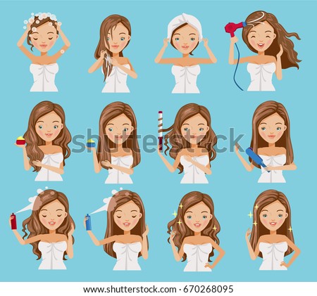 Cute Teenage Girl Washing Her Hair Stock Vector 670268095 