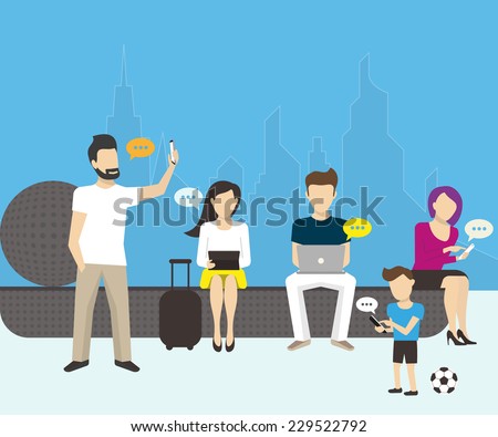 Group of people using smartphones, laptops and tablet pc. Flat vector illustration of modern men and women sitting on the street and using mobile devices for chatting or sending email