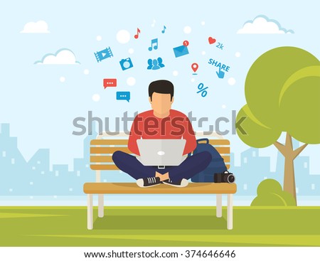 Young man sitting in the park on the bench and working with laptop. Flat modern illustration of social networking and texting to friends