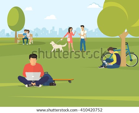 Flat illustration of people using gadgets sitting on the grass in the park. Young guys are using laptop, woman talking her friend and couple sitting on the bench and using smartphone to send messages