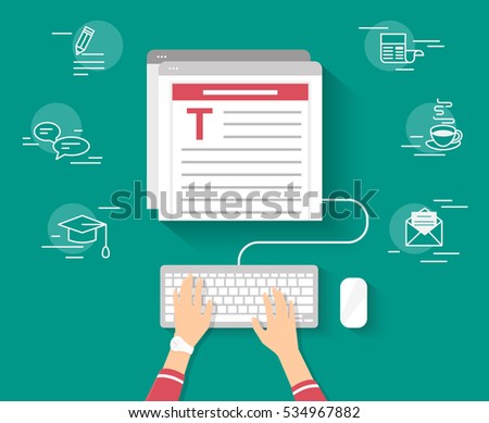 Woman sitting at the table and working with laptop in social networks with social media symbols. Flat illustration top view of people working at home using laptop and typing something for blog