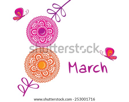 Greeting card with March 8. International Women's Day. Decorative spring flowers with butterfly. Vector illustration.