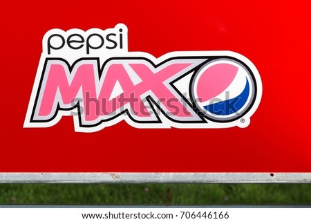 Aggersund, Denmark - August 23, 2017: Pepsi max logo on a wall. Pepsi max is a low-calorie, sugar-free cola, marketed by PepsiCo
