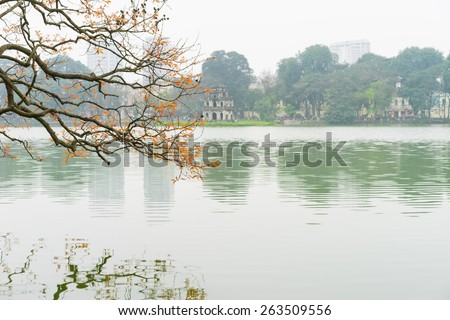 Tree in bud at Hoan Kiem lake in Hanoi capital with Turtle Tower - the symbol of Vietnam. Focus on the branches of tree