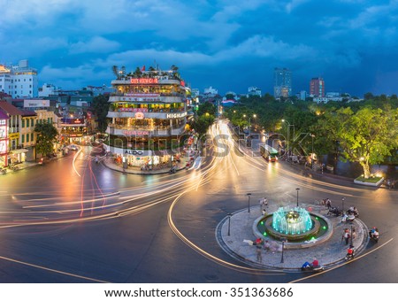 Hanoi, Vietnam - Aug 28, 2015: Aerial view of Hanoi cityscape at twilight at intersection locating next to Hoan Kiem lake, center of Hanoi.