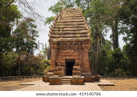 Front view of the only Cham Tower in jungle in Central Highlands of Vietnam, Yang Prong Tower is situated in Ea Sup District, 100km away from Buon Ma Thuot