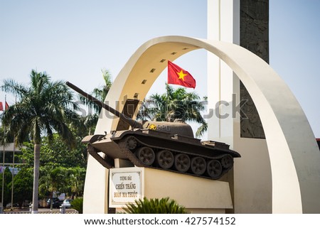 Buon Ma Thuot, Vietnam - Mar 30, 2016: Victory monument of a T-54 Tank in central point of city, crossroads of 6 roads to discover the Buon Ma Thuot city