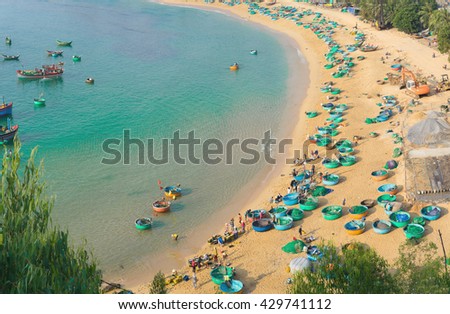 Aerial view of Quy Nhon beach with curved shore line in Binh Dinh province, Vietnam
