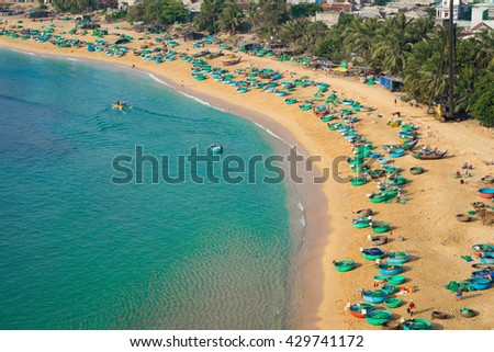 Aerial view of Quy Nhon beach with curved shore line in Binh Dinh province, Vietnam
