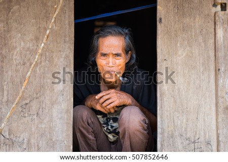 Quang Binh, Vietnam - June 17, 2016: Portrait of old Bru Van Kieu ethnic minority man living in Doong ethnic village