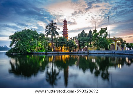 Panorama view of Tran Quoc pagoda, the oldest temple in Hanoi, Vietnam