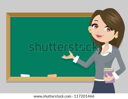 Teacher in front of chalkboard with copy space for your text - stock vector