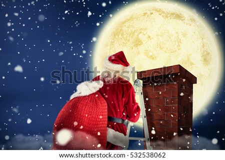 3D Santa steps up a ladder against composite image of full moon