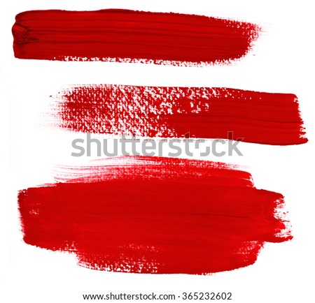 A set of abstract red paint brush strokes on white background, handmade design elements