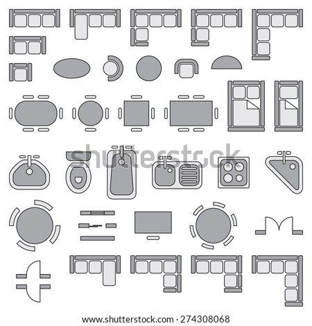 Standard Furniture Symbols Used Architecture Plans Stock Vector