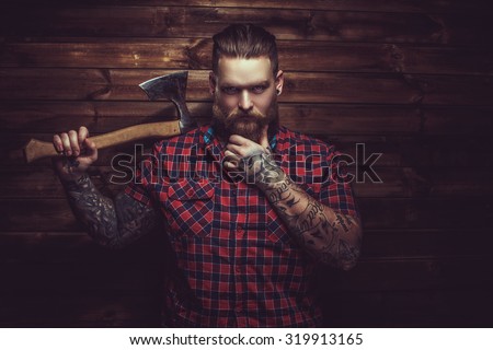 Brutal Man Beard Tattooe Holding Axe Stock Photo 319913165 