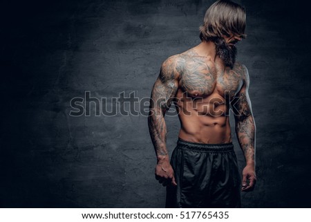 Shirtless Athletic Bearded Hipster Male Tattooed Stock 