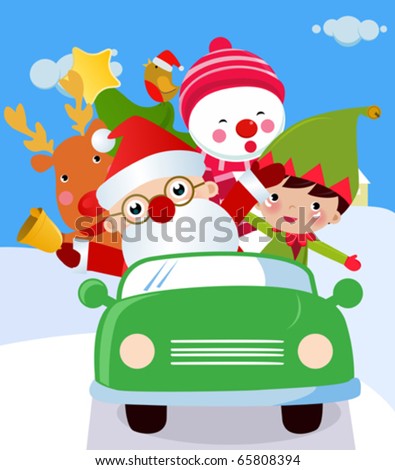 Santa ,Snowman and Rudolf in a car