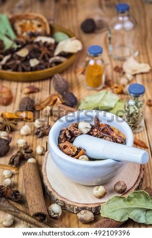 A photo of Mortar Grinder Herb and herbal medicine on white background, Selective focus, Soft focus