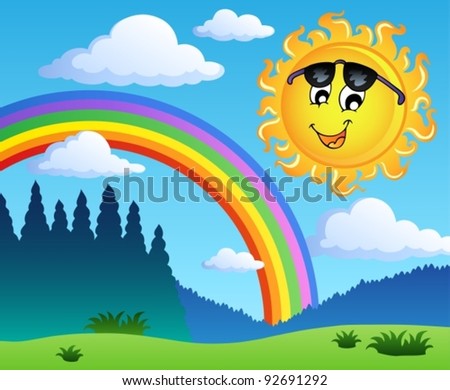 Sun Holding Rainbow On Blue Sky Stock Vector 69382702 - Shutterstock