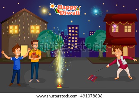 kids enjoying firecracker celebrating Diwali festival of India in vector