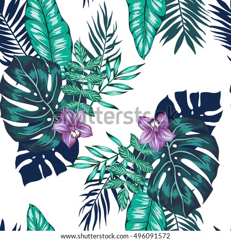 vector seamless bright artistic tropical pattern with palm leaves, philodendron leaf, monstera, orchid flower. modern colorful tropics background allover print