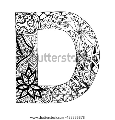 zentangle stylized alphabet letter d doodle stock vector