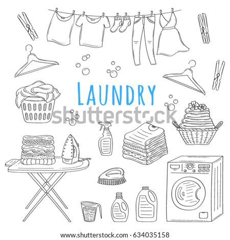 Laundry Service Hand Drawn Doodle Icons Set Vector Illustration Washing Drying And Ironing