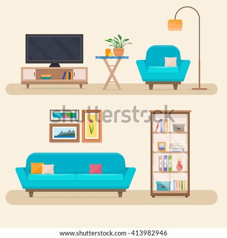 Living room with furniture. Cozy interior with sofa and tv. Flat style vector illustration.